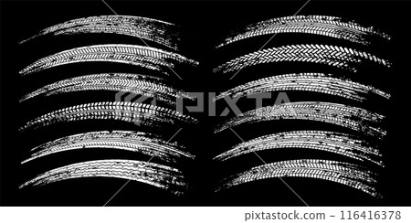 Grunge tire tracks, wheel braking marks. Truck, car or motorcycle tread pattern silhouettes. Auto race, motorsport, speed racing design element. Vector illustration Grunge tire tracks, wheel braking marks. Truck, car or motorcycle tread pattern silhouettes. Auto race, motorsport, speed racing design element. Vector illustration 116416378