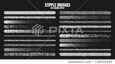 Stipple scatter brush, ink drawing and texturing. Fading gradient. Stippling, dotwork drawing, shading using dots. Halftone disintegration effect. White noise grainy texture. Vector illustration 116416394