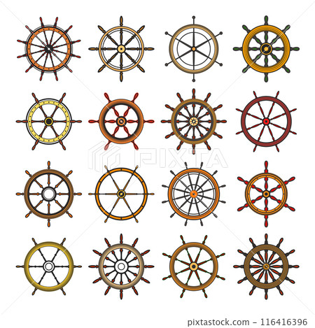 Wooden vintage steering wheels. Ship, sailboat or yacht retro wheel symbol. Colorful nautical rudder icon. Marine logotype design element. Vector illustration 116416396