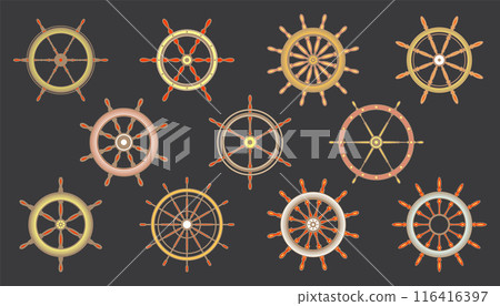 Wooden vintage steering wheels. Ship, sailboat or yacht retro wheel symbol. Colorful nautical rudder icon. Marine logotype design element. Vector illustration Wooden vintage steering wheels. Ship, sailboat or yacht retro wheel symbol. Colorful nautical rudder icon. Marine logotype design element. Vector illustration 116416397