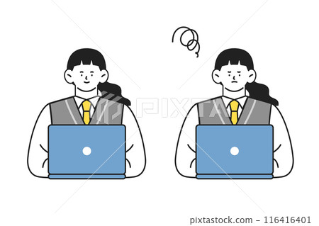 穿著制服的女學生使用筆記型電腦,兩種面部表情,正面和負面,插圖集 穿著制服的女學生使用筆記型電腦,兩種面部表情,正面和負面,插圖集 116416401