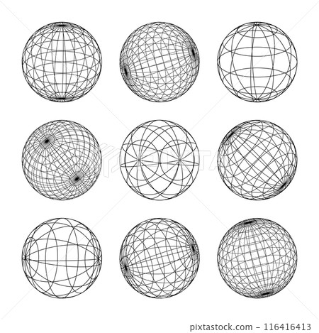 Wireframe shapes, lined sphere. Perspective mesh, 3d grid. Low poly geometric elements. Retro futuristic design elements, y2k, vaporwave and synthwave style. Vector illustration Wireframe shapes, lined sphere. Perspective mesh, 3d grid. Low poly geometric elements. Retro futuristic design elements, y2k, vaporwave and synthwave style. Vector illustration 116416413