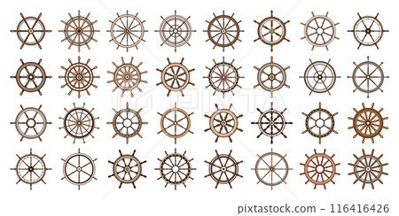 Wooden vintage steering wheels. Ship, sailboat or yacht retro wheel symbol. Brown nautical rudder icon. Marine logotype design element. Vector illustration 116416426