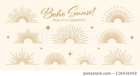 Vintage sunburst, sunset beams, half circle sunrise. Boho style, modern minimalist bohemian design. Hand drawn bursting sun, light rays. Lettering design element in retro style. Vector illustration 116416450