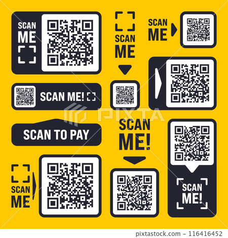 Scan me QR code sticker with text. Online payment. Special offer sale stickers, shopping discount label, promotional badge. Product serial number. Supermarket retail price tag. Vector illustration 116416452