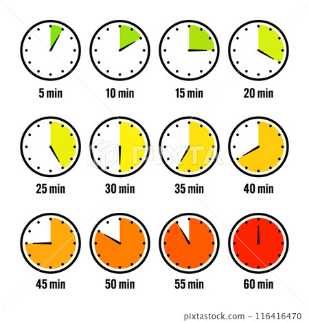 Stopwatch icons. Colorful simple chronometer, time counter with dial. Countdown timer showing hours and minutes. Deadline, measurement for sport. Cooking time label, sticker. Vector illustration 116416470