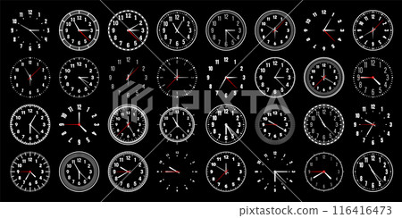 Mechanical clock faces with hands, bezel. Watch dial with minute, hour marks and numbers, arabic numerals. Timer or stopwatch element. Measuring circle scale with divisions. Vector illustration Mechanical clock faces with hands, bezel. Watch dial with minute, hour marks and numbers, arabic numerals. Timer or stopwatch element. Measuring circle scale with divisions. Vector illustration 116416473