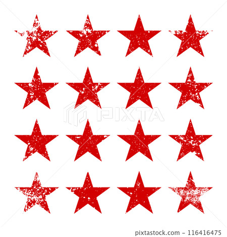 Red vintage stars with cracks and stains. Old hand-drawn sign, black simple shape. Retro design element with distressed effect, grunge texture. Vector illustration Red vintage stars with cracks and stains. Old hand-drawn sign, black simple shape. Retro design element with distressed effect, grunge texture. Vector illustration 116416475