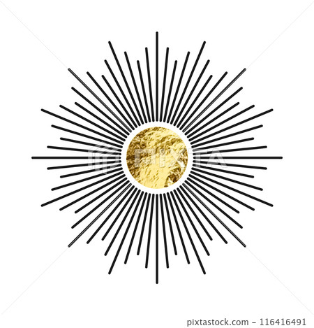 Vintage sunburst, sunset beams. Gold foil, shiny handmade circles. Golden glittering texture, pattern. Hand drawn bursting sun, light rays. Logotype or lettering, retro style. Vector illustration Vintage sunburst, sunset beams. Gold foil, shiny handmade circles. Golden glittering texture, pattern. Hand drawn bursting sun, light rays. Logotype or lettering, retro style. Vector illustration 116416491