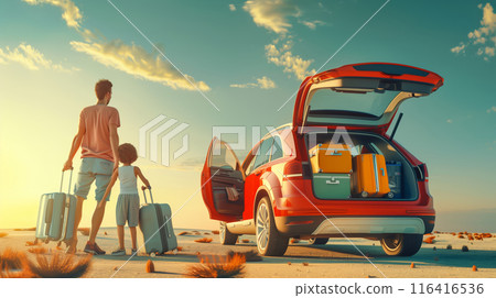 Man and Child Loading Suitcases Into a Red Car at Sunset 116416536