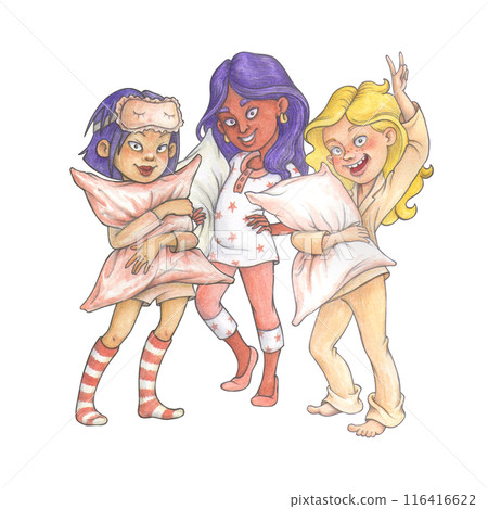 Composition of fictional pre-teen girls in loungewear with pillows, prepared for slumber party. Hand drawn cartoon characters for t-shirts design. 116416622