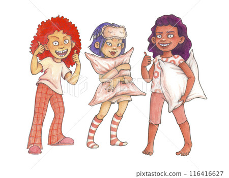 Set of fictional pre-teen girls in loungewear with pillows, prepared for slumber party party. Hand drawn cartoon characters for children's design. Set of fictional pre-teen girls in loungewear with pillows, prepared for slumber party party. Hand drawn cartoon characters for children's design. 116416627