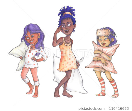 Isolated cartoon characters for pajama party design. School age girls of different nationalities in loungewear with pillows in their hands. 116416633