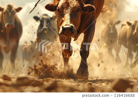 group of cattle, guided by a herding dog, gallop across a dusty field in perfect unison, creating a mesmerizing display of synchronized movement. group of cattle, guided by a herding dog, gallop across a dusty field in perfect unison, creating a mesmerizing display of synchronized movement. 116416688