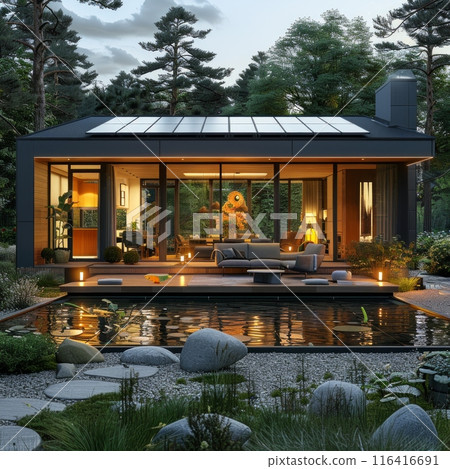 modern house with sleek architecture surrounded by a serene pond and a spacious patio for outdoor relaxation and entertainment. 116416691