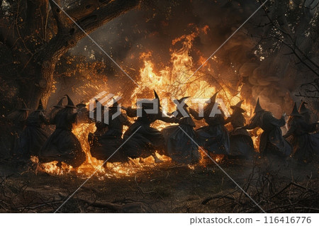 group of people on majestic horses gather around a blazing fire, creating a mystical and captivating scene. 116416776