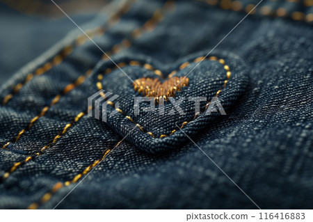 Close-Up of a Denim Heart Patch With Golden Stitching 116416883