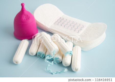 Sanitary pad napkin, tampon and menstruation cup for woman hygiene protect menstruation cycle. Sanitary pad napkin, tampon and menstruation cup for woman hygiene protect menstruation cycle. 116416951