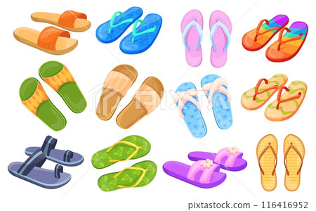 Cartoon colorful flip flops. Flipflop pair, sea shoe clothing summer sand beach slippers trendy sandal rubber footwear flip-flop traveling design flipflops neat illustration 116416952