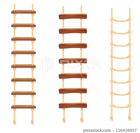 Rope ladder. Bind staircase ropes ladders with wooden steps rod, vertical upstairs or horizontal bridges portable stair for climbing up and down, cartoon neat illustration 116416957