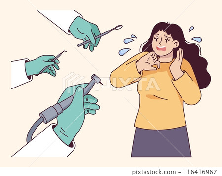 Dentist fear. Scared character dental problem, frightened patient with tooth pain panic fears doctor, dentistry cabinet phobia odontophobia dentophobia swanky illustration Dentist fear. Scared character dental problem, frightened patient with tooth pain panic fears doctor, dentistry cabinet phobia odontophobia dentophobia swanky illustration 116416967