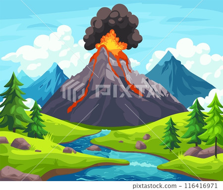Volcano eruption landscape. Erupting volcanoes cartoon background, prehistoric apocalypse scene active volcanic mountain lava eruptions ash cloud sky, ingenious illustration Volcano eruption landscape. Erupting volcanoes cartoon background, prehistoric apocalypse scene active volcanic mountain lava eruptions ash cloud sky, ingenious illustration 116416971