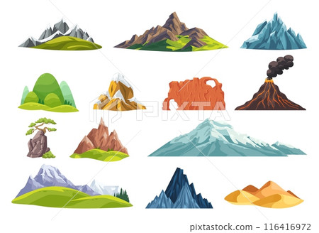 Cartoon rocky mountains. Snowy mountain top, mount relief brown hills canyon relief outdoor rock cliff peak nature elements green forest hill stones, ingenious illustration 116416972