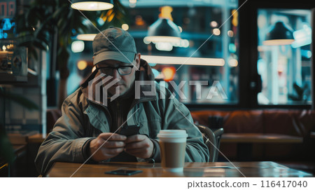Man in a Cap Drinks Coffee at a Cafe Table 116417040