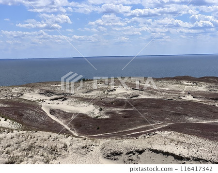 Aerial autumn fall sunrise view of Parnidis Dune in Nida, Curonian Spit, Lithuania Aerial autumn fall sunrise view of Parnidis Dune in Nida, Curonian Spit, Lithuania 116417342