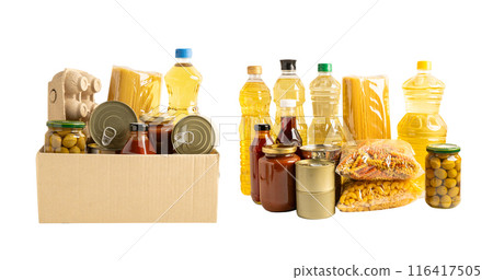 Foodstuff for donation, storage and delivery. Various food, pasta, cooking oil and canned food in cardboard box. Foodstuff for donation, storage and delivery. Various food, pasta, cooking oil and canned food in cardboard box. 116417505