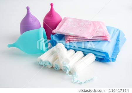 Sanitary pad napkin, tampon and menstruation cup for woman hygiene protect menstruation cycle. 116417554
