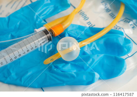 Foley urinary catheter with urine bag for disability or patient in hospital. 116417587