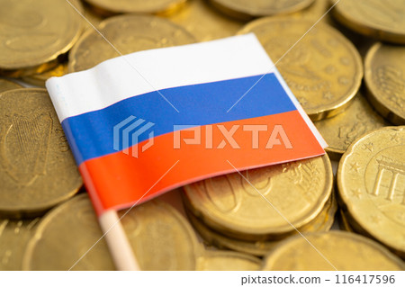 Russia flag on gold coins, finance and banking business. Russia flag on gold coins, finance and banking business. 116417596