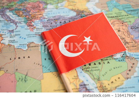 Bangkok, Thailand June 14, 2024, Turkey flag on world map background. Bangkok, Thailand June 14, 2024, Turkey flag on world map background. 116417604