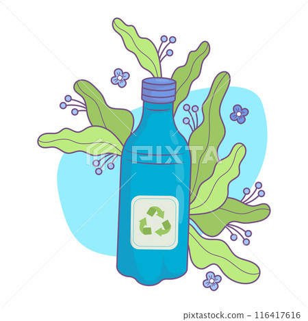 Ecology. Water bottle for recycling with leaves and flowers. Eco-friendly concept, green life, reuse, ecological lifestyle, conservation and protection nature. Vector illustration 116417616