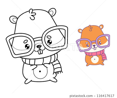 Funny cute hamster wearing glasses and scarf. Cartoon kawaii animal character. Isolated outline and color drawing. Vector illustration. Kids collection, coloring book. 116417617