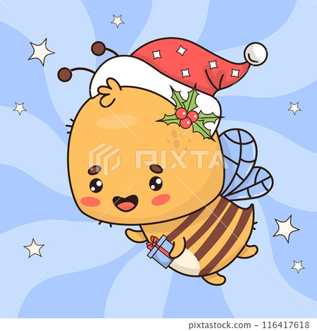 Cute Christmas bee in Santa hat with gift. Funny Festive cartoon insect kawaii character. Vector illustration. Kids collection 116417618