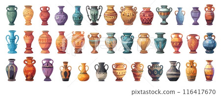 Cartoon vases and amphoras set. Ancient greek pottery, clay pots jars, ceramic amphorae vector illustration 116417670