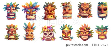 Cartoon tiki mask set. Tribal wooden hawaii totem, tropical ethnic exotic idol face masks, african sculpture vector illustration 116417675