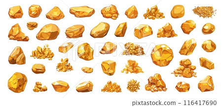 Cartoon gold nuggets and rocks set. Gem stones piles and heaps, golden game mine treasure vector illustration 116417690