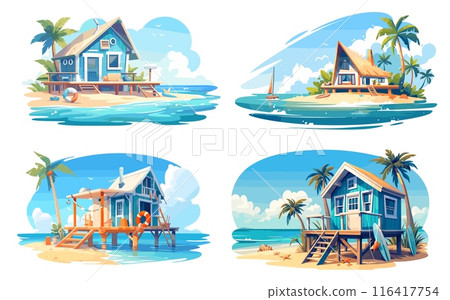 Cartoon bungalow on tropical beach set. Exotic island landscape, summer vacation hut with palm trees vector illustration Cartoon bungalow on tropical beach set. Exotic island landscape, summer vacation hut with palm trees vector illustration 116417754