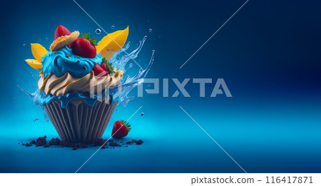 Delicious splash ice cream cone design with strawberry and lemon leaf. Clean background and space for text. Illustration for Banner, Invitation, Greeting Card or Poster. Ai Generated. 116417871