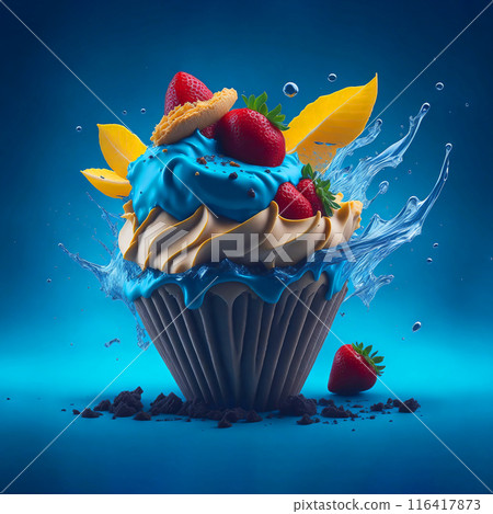 Delicious splash ice cream cone design with strawberry and lemon leaf. Isolated sundae on clean background. Illustration for Banner, Invitation, Greeting Card or Poster. Ai Generated. 116417873