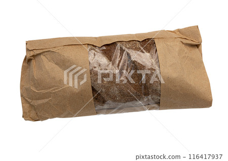 fresh rye bread in paper package isolated on white background, top view 116417937