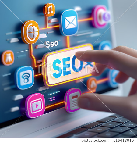 Hand Touching Digital Screen with SEO 116418019