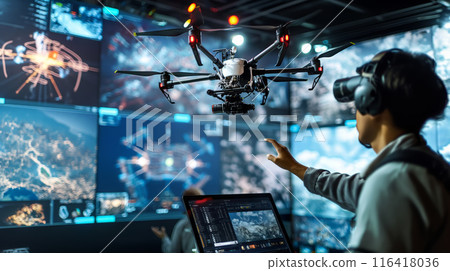 Man Controlling Drones in Exhibition Hall Man Controlling Drones in Exhibition Hall 116418036