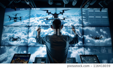 Man Controlling Drones in Exhibition Hall Man Controlling Drones in Exhibition Hall 116418039