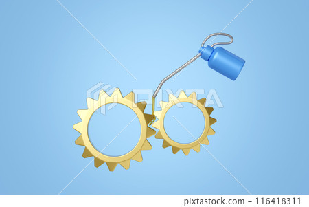 Metal oiler with cog isolated on blue background. 3d render illustration Metal oiler with cog isolated on blue background. 3d render illustration 116418311