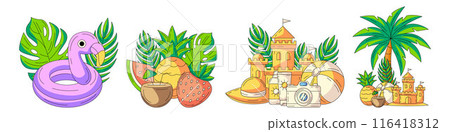 Set of summer beach vector illustrations, composition from seasonal elements and accessories for summertime rest. Flamingo swimming ring, tropical fruit, sand castle, palm tree, sunscreen, camera 116418312
