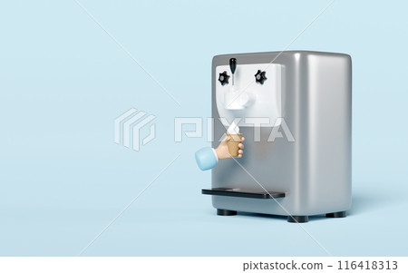 Ice cream cone making machine with hand holding waffle cone isolated on blue background. 3d render illustration Ice cream cone making machine with hand holding waffle cone isolated on blue background. 3d render illustration 116418313